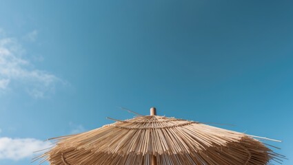 Tropical Beach Scene with a Rustic Straw Umbrella and Clear Sky in the Background