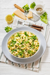 Pasta with green peas in a bowl, italian cuisine