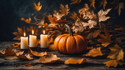 Still life featuring pumpkin, dried leaves, burning candles, and dried oak branches against a dark background with space for text.