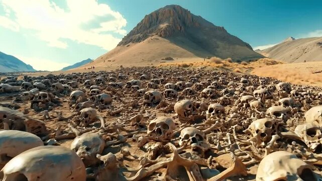 A large pile of skulls and bones in the desert with mountains in the background