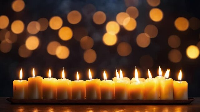 A group of lit candles sitting on top of a wooden table