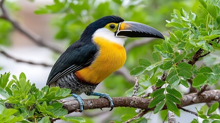 Fototapeta premium Colorful Toucan Perched Amidst Lush Greenery with Glistening Beak