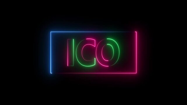 ICO animation vibrant neon colourful digital motion intro text on dark screen background. ICO animation vibrant neon colourful digital motion intro text on dark screen background, 4k video.