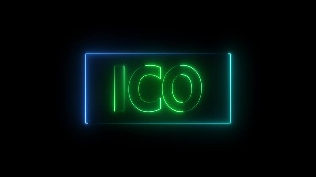 ICO animation vibrant neon colourful digital motion intro text on dark screen background. ICO animation vibrant neon colourful digital motion intro text on dark screen background, 4k video.