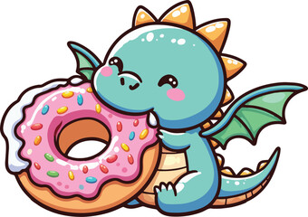 Cute Chibi Dragon Eating Donut Doughnut Character Cartoon Illustration