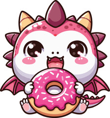 Cute Chibi Dragon Eating Donut Doughnut Character Cartoon Illustration