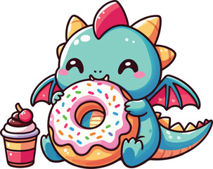 Cute Chibi Dragon Eating Donut Doughnut Character Cartoon Illustration