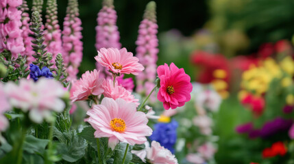 Beautiful flowers in vibrant garden display mix of colors and textures, creating cheerful and inviting atmosphere. blossoms include pink daisies and purple lupines, enhancing natural beauty