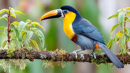 Obraz premium Vibrant Toucan Perched on Moss-Covered Branch with Orange Beak