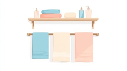 Bathroom shelf and towel rack with colorful towels and toiletries