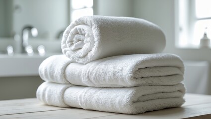 Pile of neatly folded white towels in bathroom setting