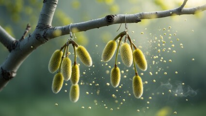 Birch tree blossoms release pollen into the wind during springtime