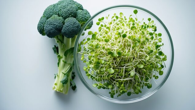 Fresh broccoli sprout in a bowl on white background