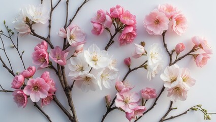 Obraz premium Spring flowers collection - vibrant flowers and tree twigs with blooming blossoms isolated on white background