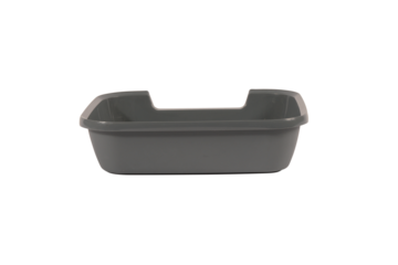 Gray plastic litter tray for cats, durable rectangular pet toilet box with raised sides, isolated on transparent background for pet care and hygiene products.