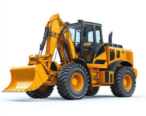 High-quality image of a yellow backhoe loader isolated on a white background showing front view with detailed machinery design