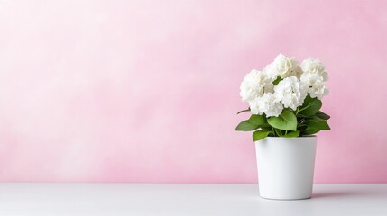 Fototapeta premium White flowers in a white pot against a soft pink background