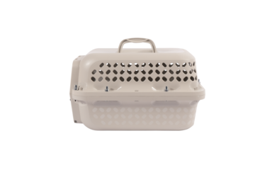 Blue plastic pet carrier with ventilation slats and an open wire door, portable travel crate for cats, small dogs, and small pets, isolated on white background.