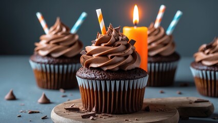 Chocolate cupcake with vanilla buttercream and orange candle on a black background