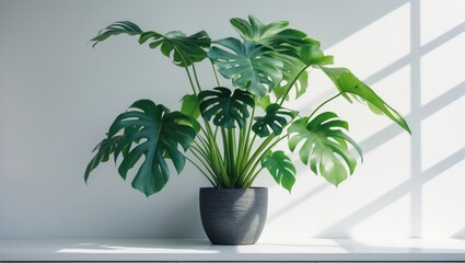 Obraz premium Clean image of a lush monstera leaf in a gray pot against a white background