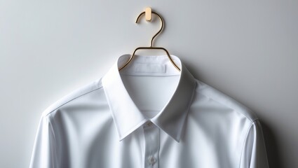 Close-up of a white shirt with collar and buttons on a metal wire hanger