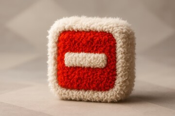 Square white and red plush block with a minus symbol on its face resembling a hand-knit texture placed on a soft neutral background surface