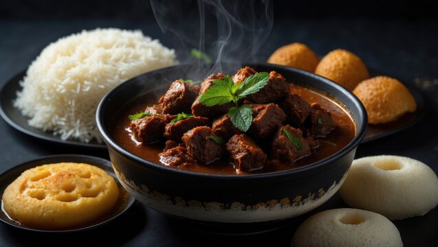 Spicy Red Beef Fry Curry: South Indian Roast Served with Ghee Rice, Appam, Parotta, and Puttu on a Dark Black Background