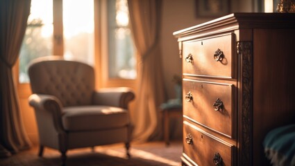 Obraz premium Interior view featuring a classic wooden chest of drawers and armchair bathed in warm sunlight, creating a cozy and nostalgic ambiance
