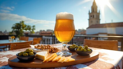 Obraz premium Summer scene of Spanish beer, cheese, tapas, and green olives on a rooftop terrace with views of the old city center