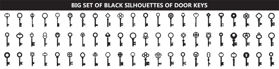 Big set of black silhouettes of door keys