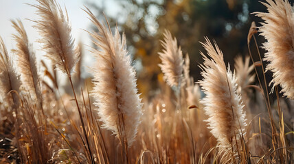 Abstract natural background of soft plants Cortaderia selloana. Pampas grass on a blurry bokeh, Dry reeds boho style. Fluffy stems of tall grass in autumn, soft focus. High quality photo