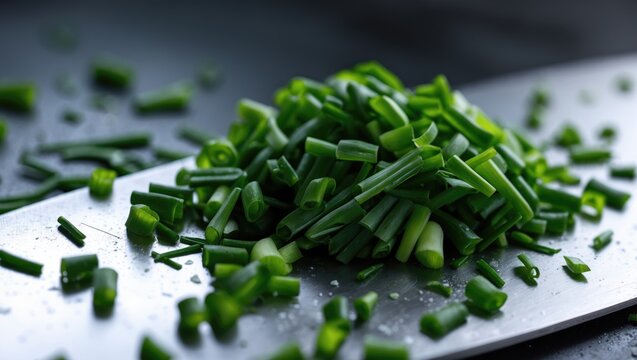 Close-up of fresh green chives sliced on the table