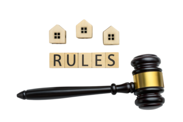 The gavel falls, establishing the rules for three little houses, a silent decree of property law, clean background.