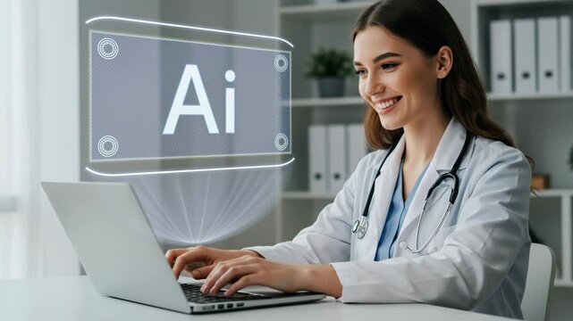 The image shows a smiling female doctor in a white coat with a stethoscope, working on a laptop. A transparent screen displaying "Ai" is in the foreground. Medical shelves are visible behind her.