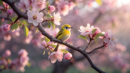 White-Eye bird perched on pink plum blossoms during spring in a Japanese garden with blooming fruit trees and natural scenery