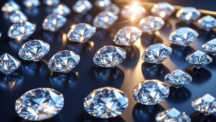 A woman showcasing a brilliant diamond on a table amidst abstract jewelry background