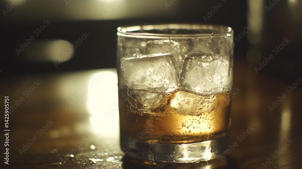 Poster a simple yet captivating close-up of soda with ice cubes, showing the condensation forming on the ou