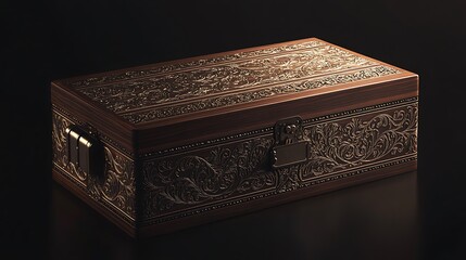 Luxury wine box mockup with traditional engraving patterns and deep wood grain textures  premium beverage branding heritage aesthetic