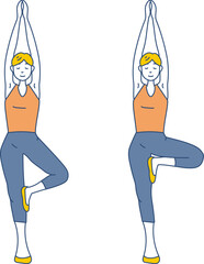 ヨガの木のポーズをしてリラックスしている女性のシンプルイラスト