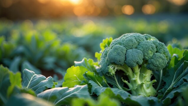 Organic green broccoli cultivation in natural surroundings with soft focus