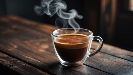Fototapeta premium Close-up of a steaming hot beverage in a cup resting on a wooden sideboard