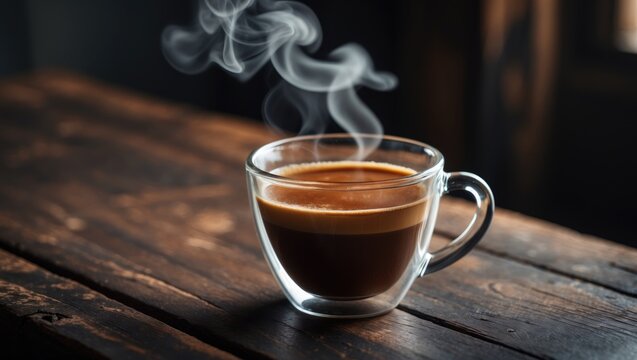 Close-up of a steaming hot beverage in a cup resting on a wooden sideboard