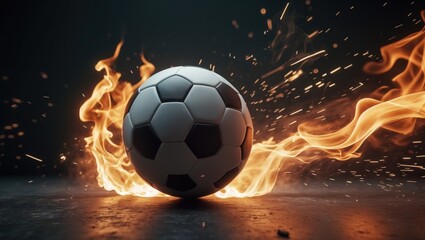 Fototapeta premium Soccer ball with vibrant flames soaring against a backdrop