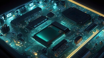 Fototapeta premium Close Up of Circuit Board with Glowing Components and Green Illumination