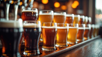 Close-up of a variety of beers in glasses on a table at a local bar with selective focus