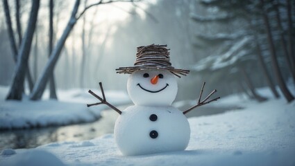 Winter snowman scene with pine trees and snowflakes
