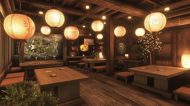 A traditional Japanese izakaya with wooden interiors and paper lanterns.