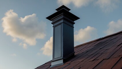 Urban residential building featuring a stainless steel chimney and wood stove on the roof