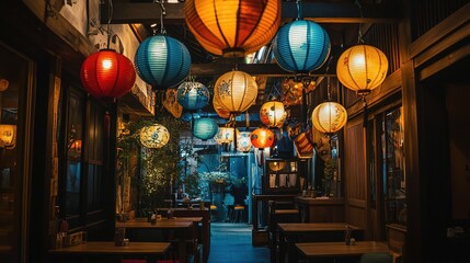 A traditional Japanese izakaya with wooden interiors and paper lanterns.