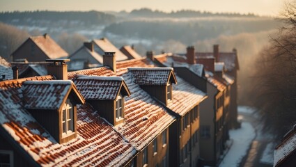 Snowy rooftops of multi-story buildings against an urban skyline in winter